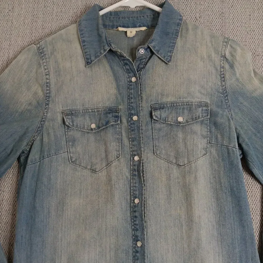 Buddy Basics Vintage Western Denim Dress M Blue Fade Pearl Snap Cowgirl Boho‎